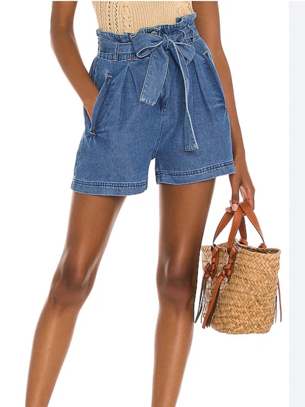 Rails Light Wash High-Waist Paperbag Denim Shorts with Self Tie